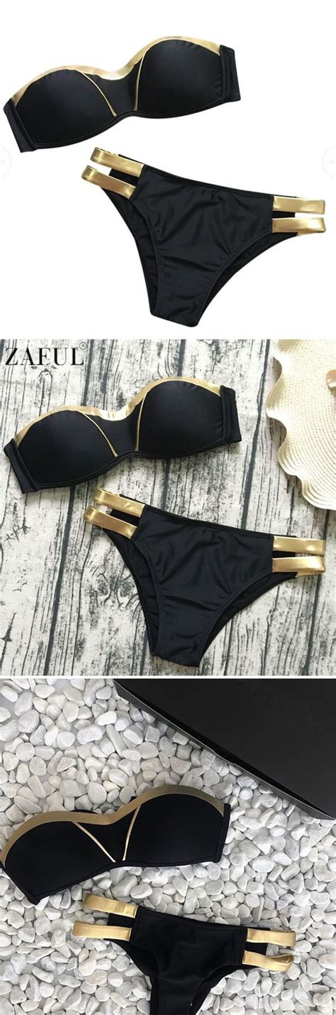 Zaful 2018 Gold Stamping Bikini Set Sexy Padded Women Swimsuit Push Up Bandeau Swimwear Summer