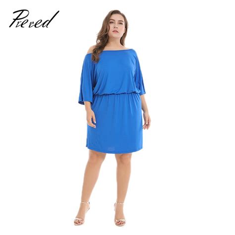 Prered Summer Dress Slash Neck Solid Casual Knee Length Lady Ofiice Blue Bodycon Dress Plus Size