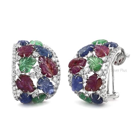 Tutti Frutti Multi Stone Leaf Diamond Gold Earrings