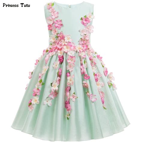 Beautiful Light Green Flower Fairy Girls Princess Dress Kids Party