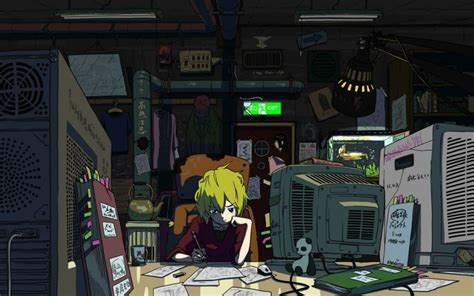Wallpaper Lofi Boy Writing In Front Of Crt Tv Illustration Anime