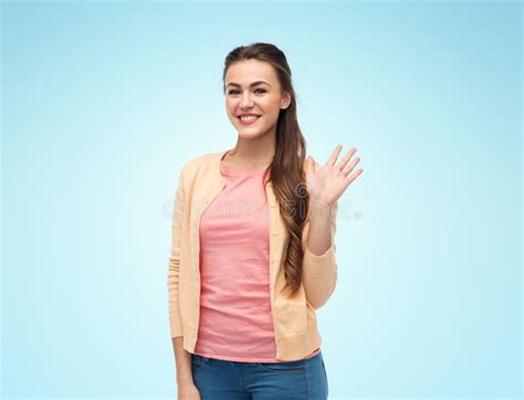 Happy Smiling Young Woman Waving Hand Over White Stock Photo Image Of