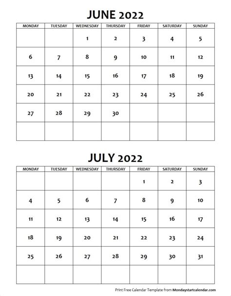 June July 2022 Calendar Monday Start Editable Two Months Template
