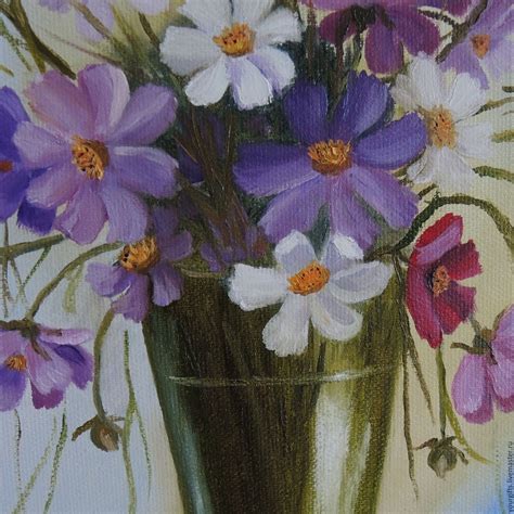 Vase of flowers, original oil painting, handmade artwork, signed. "Bouquet of cosmos" oil Painting flowers in a vase ...