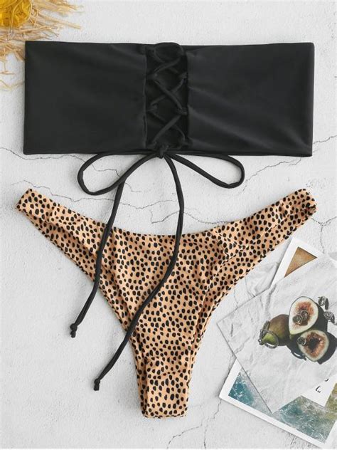 [37 Off] 2021 Zaful Printed Lace Up Bandeau Bikini Set In Black Zaful