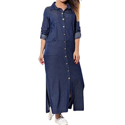 Feitong Casual Denim Shirt Dress Women Sexy Streetwear Front Button Long Dress Loose Blue Long