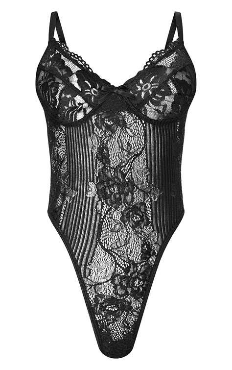 Black Lace Insert High Leg Cupped Body Prettylittlething Aus