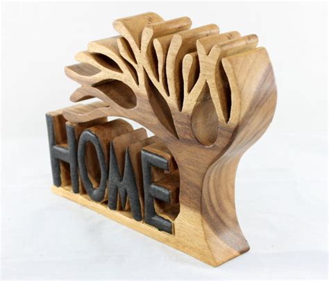 Hand Carved Large Acacia Wood Wooden Sculpture Home Love Flower Tree Of