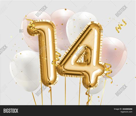 Happy 14th Birthday Gold Foil Balloon Greeting Background 14 Years Anniversary Logo Template