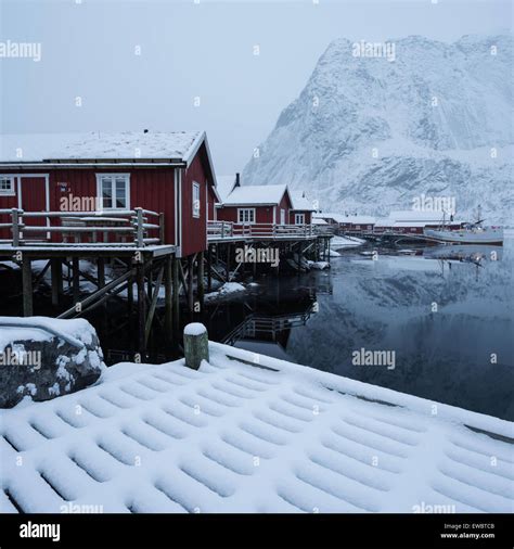 Traditional Red Rorbu Cabins In Winter Reine Moskenesøy Lofoten
