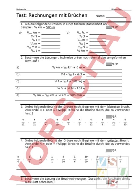 Probeprüfung brüche ordnen und mit brüchen rechnen name: Arbeitsblatt: Brüche Test - Mathematik - Brüche ...