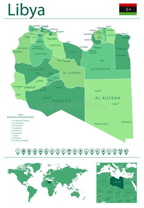 Libya Detailed Map And Flag Libya On World Map Stock Vector