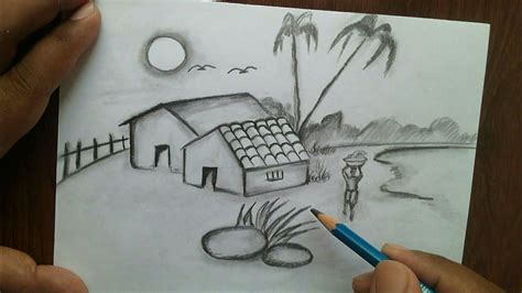 Village Simple Beautiful Easy Scenery Drawing How To Draw Simple