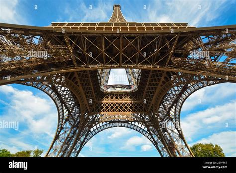 View Looking Up From Underneath The Eiffel Tower In Paris France Stock