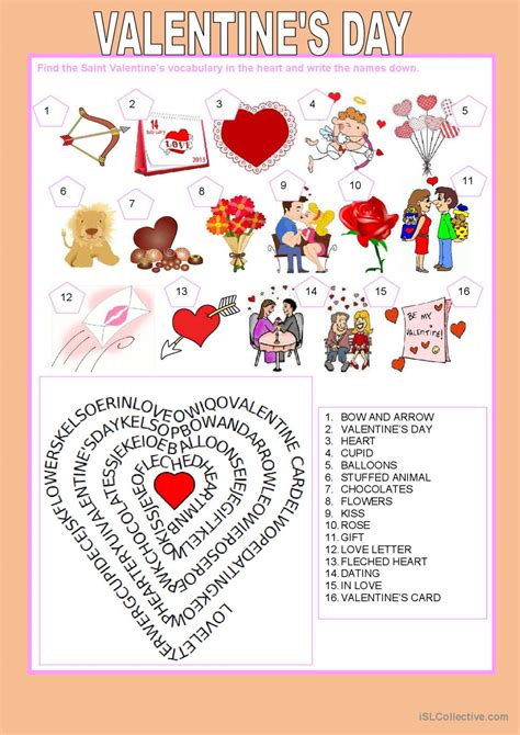 Valentines Day Heart Word Search Français Fle Fiches Pedagogiques