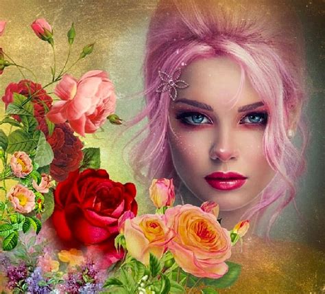 Beauty And Roses Roses Art Girl Beautiful Pink Hair Woman