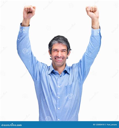Man With Arms Raised In Success Isolated On Whi Stock Photo Image