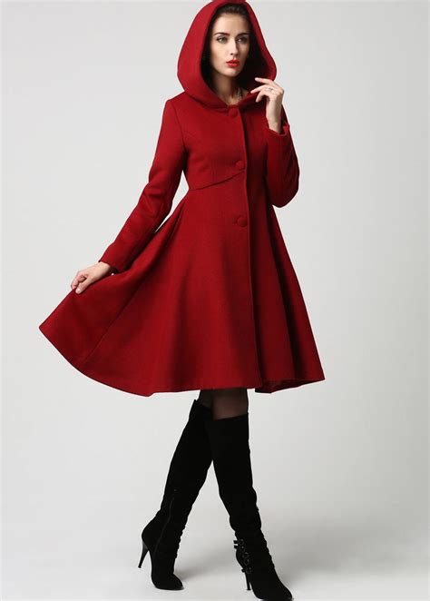 Womens Winter Single Breasted Wool Coat Red Swing Hooded Etsy Hooded