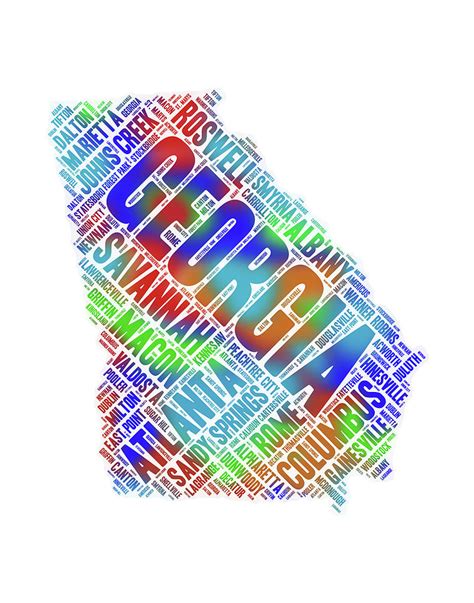 Georgia State Colorful Word Art Map With Cities Digital Art By Peggy