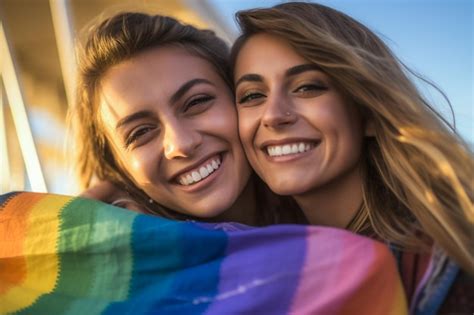 Premium Photo Happy Lesbian Couple Celebrating On The Beach The Lgbtq Pride Parade In Tel Aviv