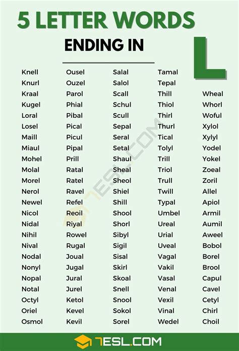 525 Useful 5 Letter Words That End In L In English 7esl