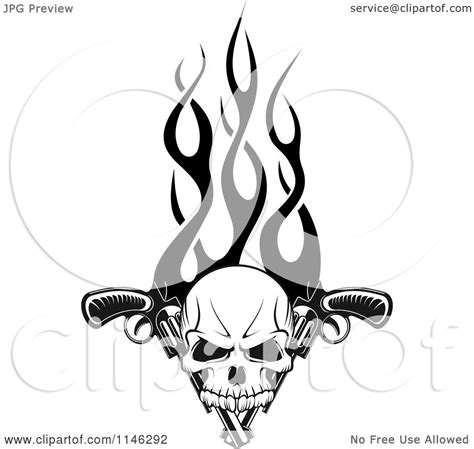 Create a beautiful black and white effect on your photo online! Clipart of a Black and White Skull over Pistols and Flames ...