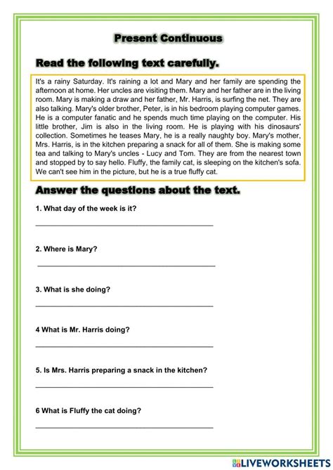 Present Continuous Reading Comprehension Worksheet Reading