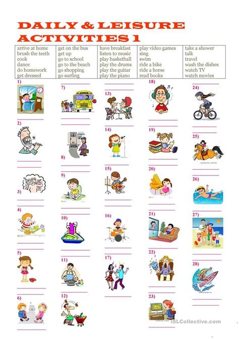 Daily And Leisure Activies 1 English Esl Worksheets Leisure Middle