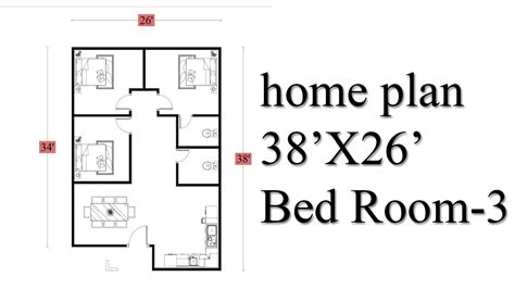 House Plan Design 3 Bedroom 1000 Sq Ft Home Plan 38x26 In Autocad