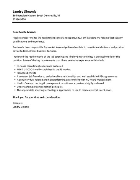 Recruitment Consultant Cover Letter Velvet Jobs
