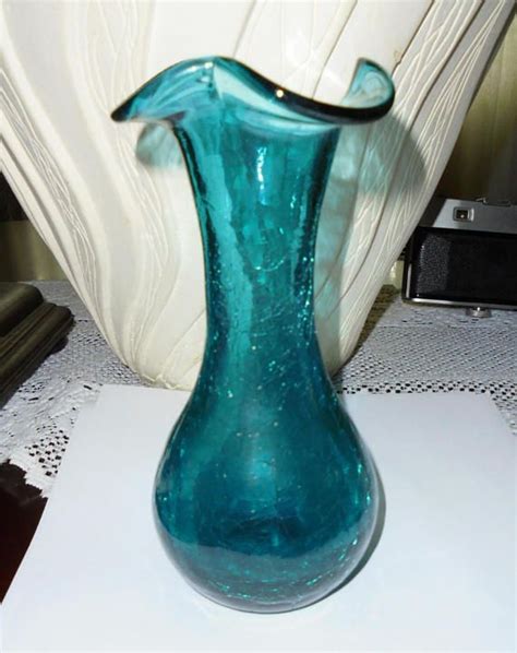 Blenko Art Glass Vase Teal Blue Crackle Glass Vintage Art Etsy Art Glass Vase Crackle Glass