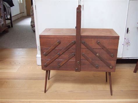 Vintage Retro Wooden Tier Cantilever Sewing Box On Legs And With