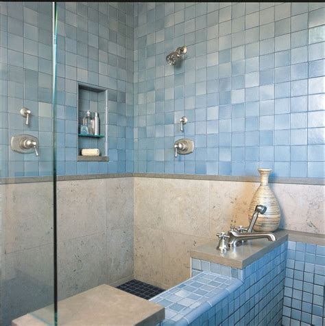 Remember, wood comes in a whole. blue tiled shower | Glass tile bathroom, Blue bathroom ...