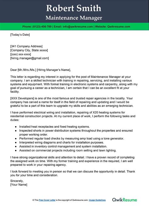 Maintenance Manager Cover Letter Examples Qwikresume