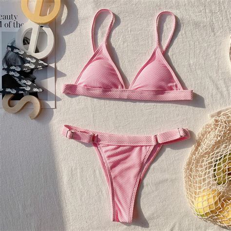 Pink Triangle Bikini Set 2022 Sexy Bandage Swimwear Women Swimsuit
