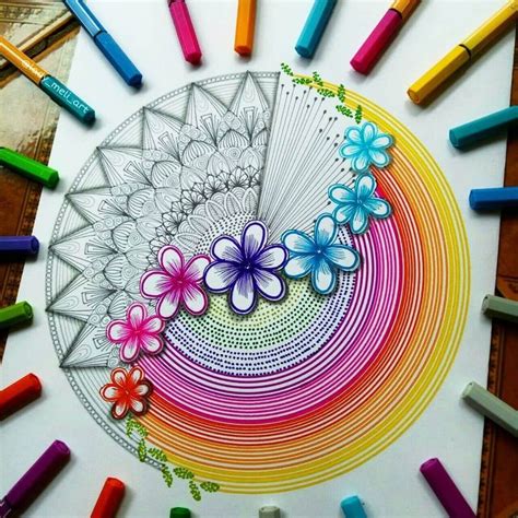 Colored Pens And Geometric Mandalas Zentangles Doodles Flower Art