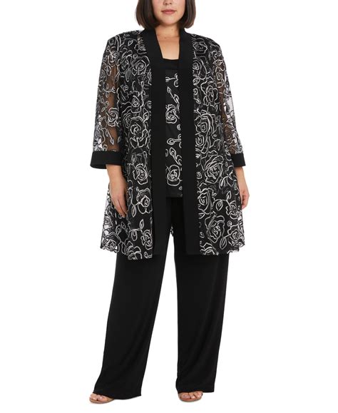 R And M Richards Plus Size 3 Pc Embroidered Jacket Top And Pants Set In