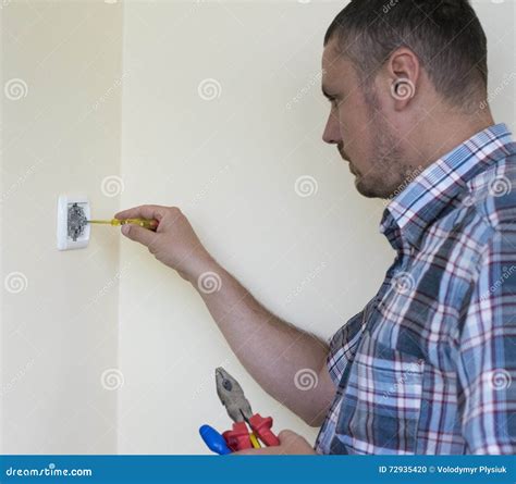 Man Installing Light Switch Stock Photo Image Of Craft Maintenance