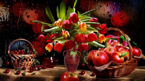 Still Life Food Fruit Flowers Plants Apples Berries Cherries Tulips
