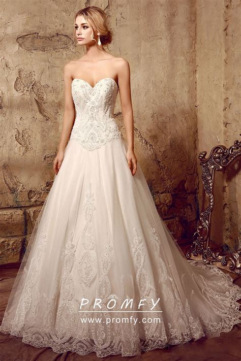 Strapless Sweetheart Beaded Lace Wedding Ball Gown Promfy