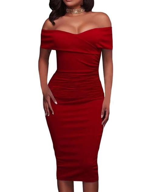 Red Ruched Off Shoulder Bodycon Midi Dress Knee Length Midi Dresses Red Bodycon Dress Off