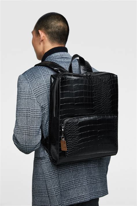 Image 4 Of Black Croc Embossed Backpack From Zara Mens Bags Fashion