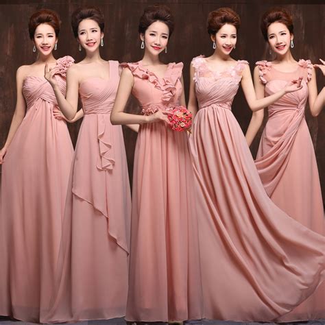 2015 New 5 Styles Long Chiffon Old Rose Pink Blush Bridesmaid Dress