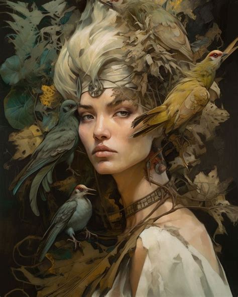 A Painting Of A Woman With Birds On Her Head