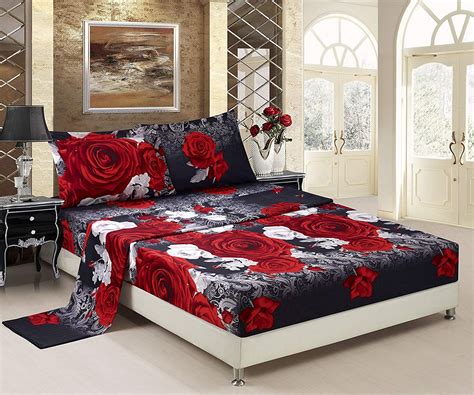 3d Bed Sheet Set Queen 4 Piece 3d Red And White Rose Promise Printed