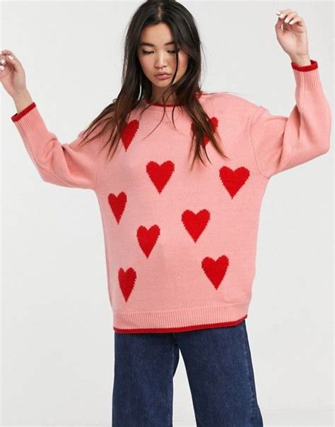 monki heart print round neck sweater in pink asos round neck sweaters heart print monki