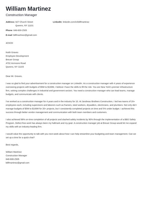 Construction Cover Letter Examples Writing Guide