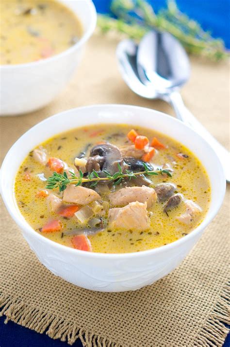 A really light soup with plenty of fresh vibrant flavours. Creamy Chicken and Mushroom Soup | Delicious Meets Healthy