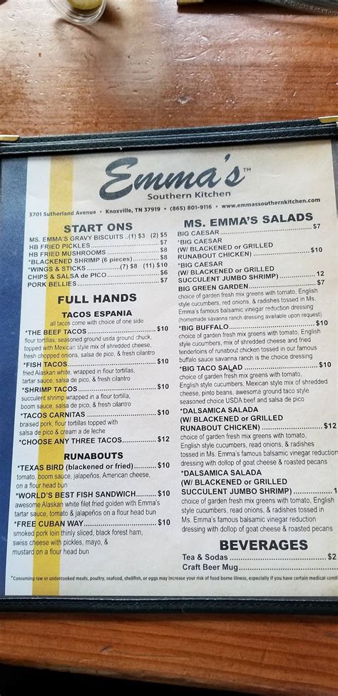 Menu At Emmas Southern Kitchen Restaurant Knoxville