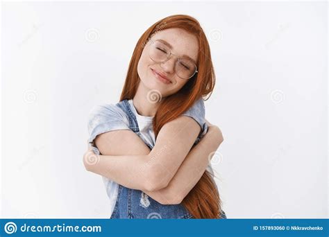 Tender Cheerful Redhead Girl With Long Ginger Hair Tightly Hug Herself Express Self Love And